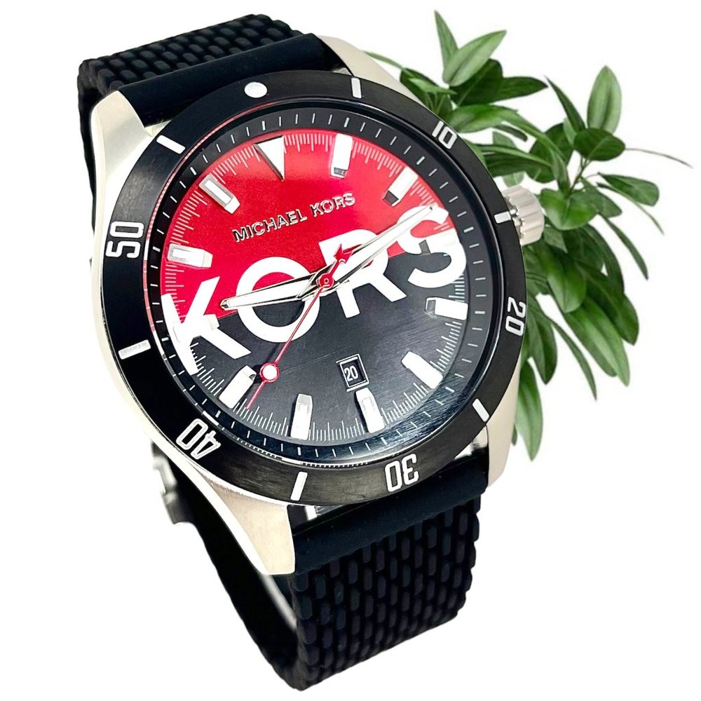 NWT ✅🔥🔥🔥MICHAEL KORS Layton Men's Red Dial Date Black Silicone Watch MK8892